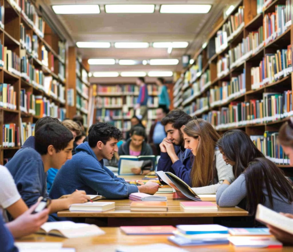 A diverse group of students are focused and studying together while seated in the library.